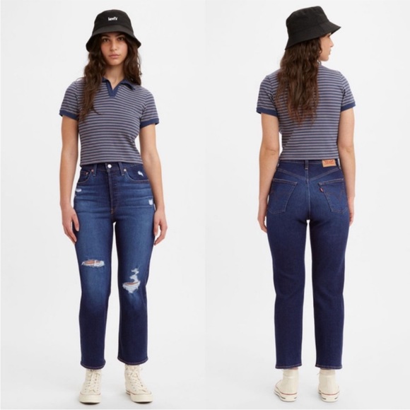 Levi’s Women's Ribcage Straight Ankle Jeans Dark Indigo Blue Distressed Size 25 - Picture 2 of 7